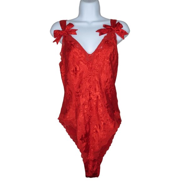 Victorias Secret Gold Label Red Satin Brocade Teddy One Piece M Valentines Bows - Picture 3 of 13